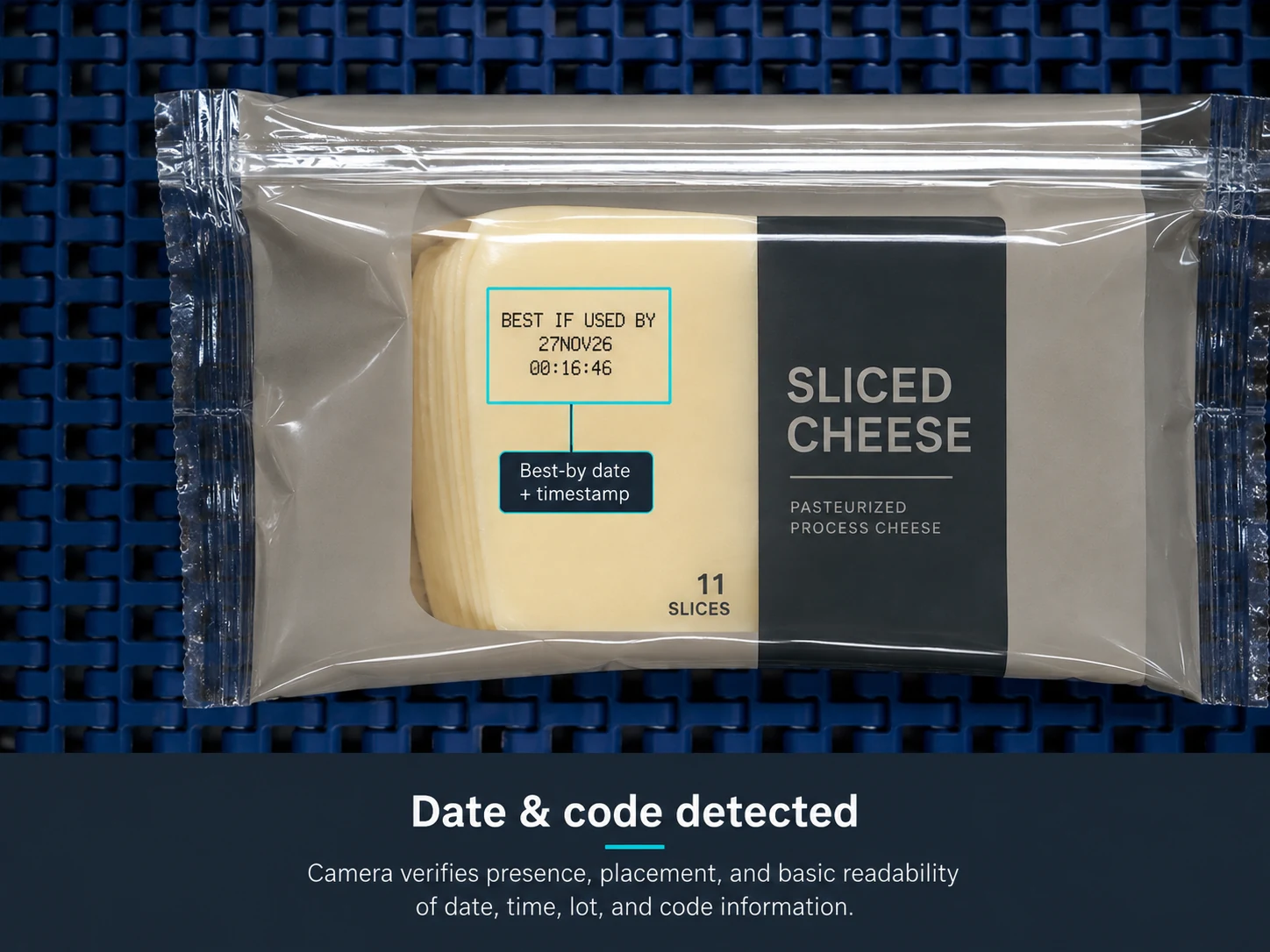 Camera view of a sliced cheese package with the best-by date and timestamp detected and highlighted.