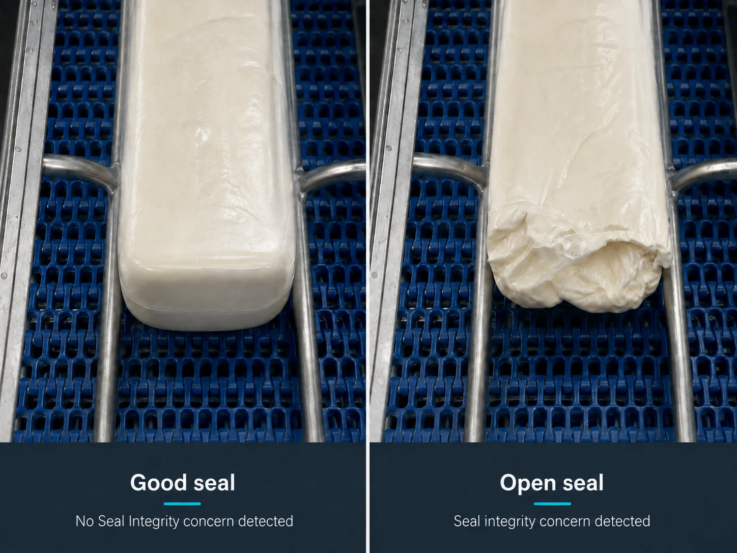 Side-by-side camera comparison of a good cheese-log seal and an open seal, labeled with the corresponding seal-integrity result.