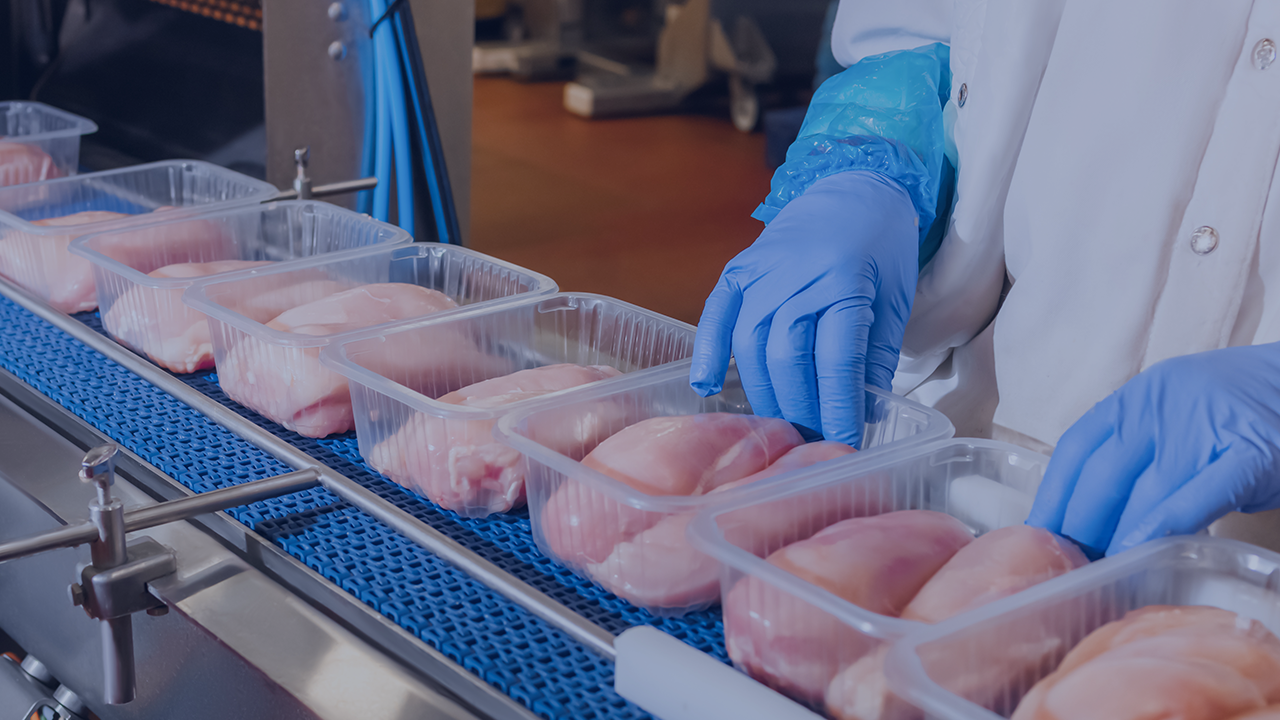 Protein products moving through a packaged poultry production line.