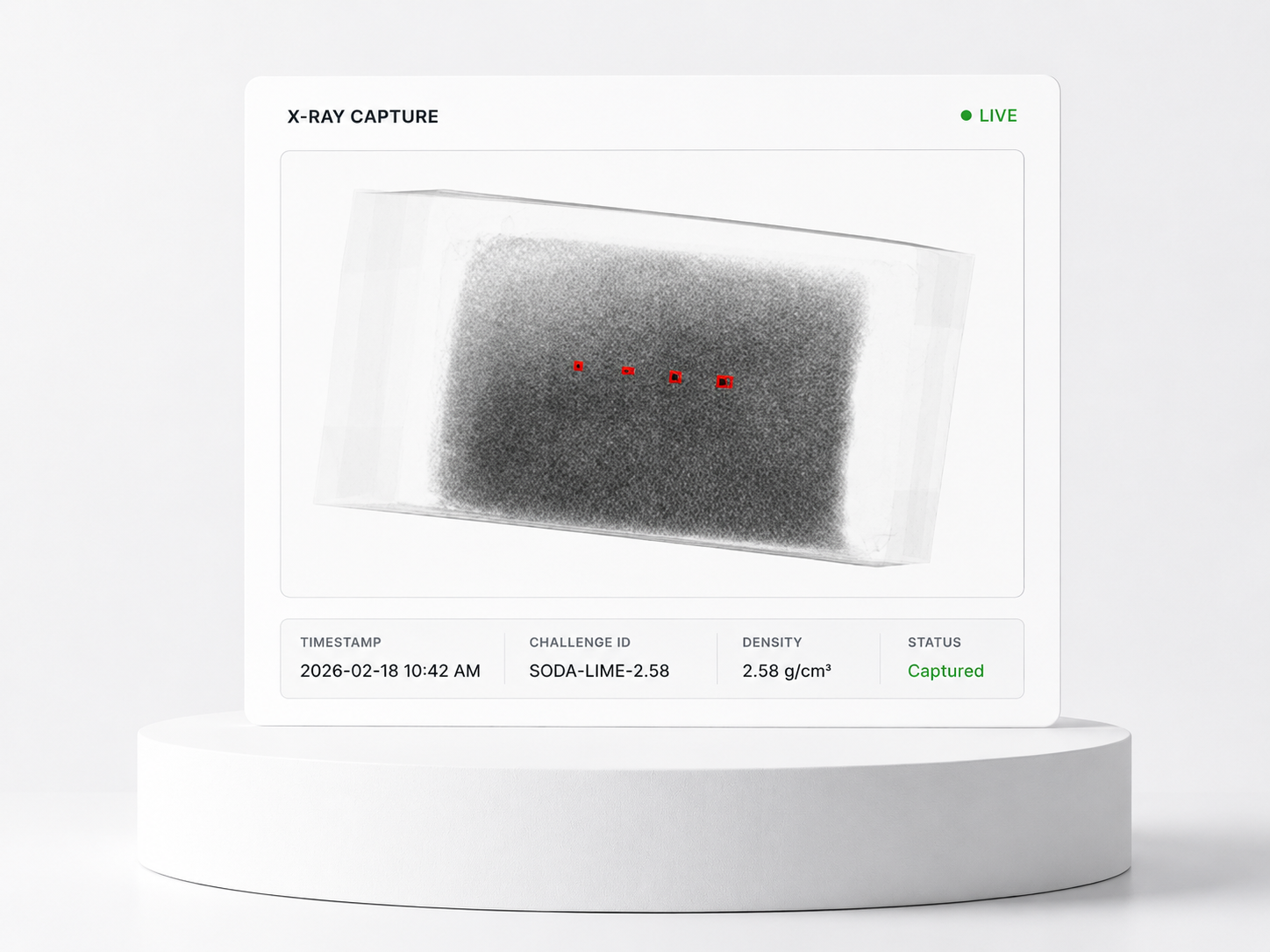 X-ray capture panel showing a captured inspection image, timestamp, density, and status.