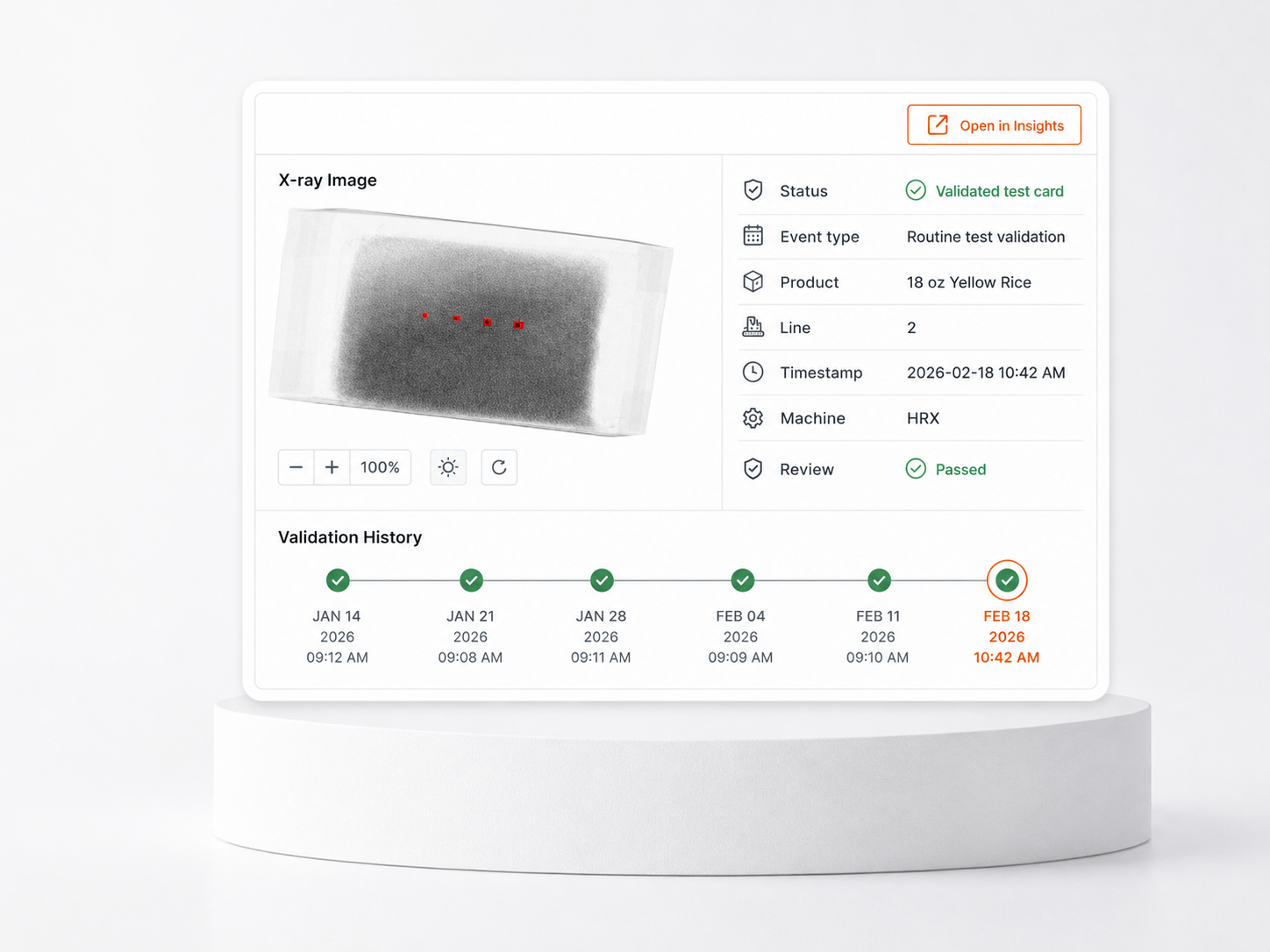 Validation record dashboard showing an X-ray image, event metadata, review status, and validation history.